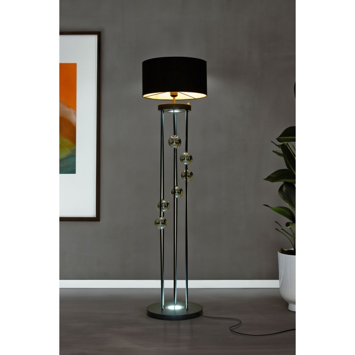 Clichy Statik Siyah Krom Küreli Spot Işıklı Metal Lambader - Siyah