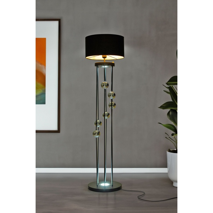 Clichy Statik Siyah Krom Küreli Spot Işıklı Metal Lambader - Siyah