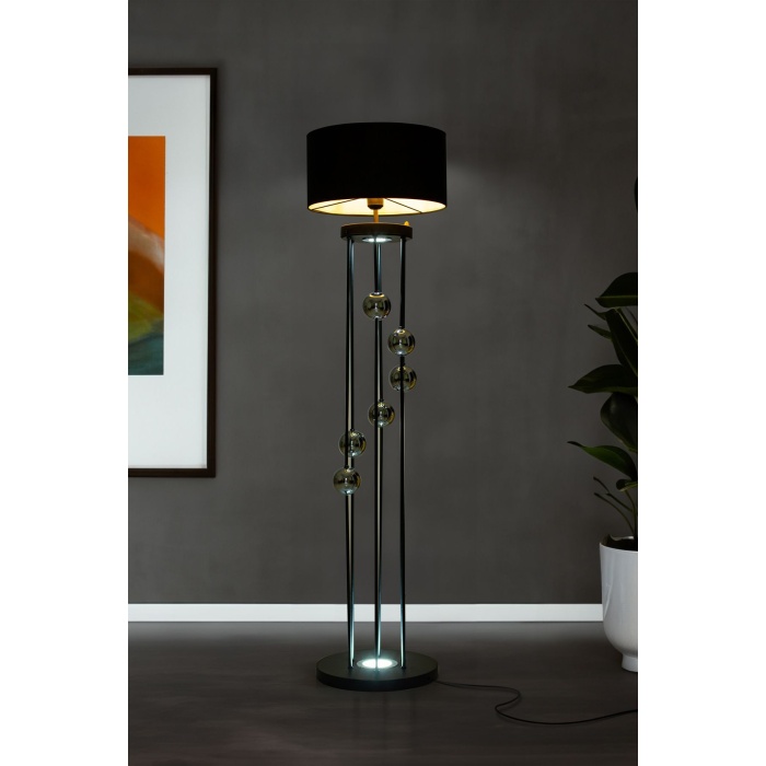 Clichy Statik Siyah Krom Küreli Spot Işıklı Metal Lambader - Siyah