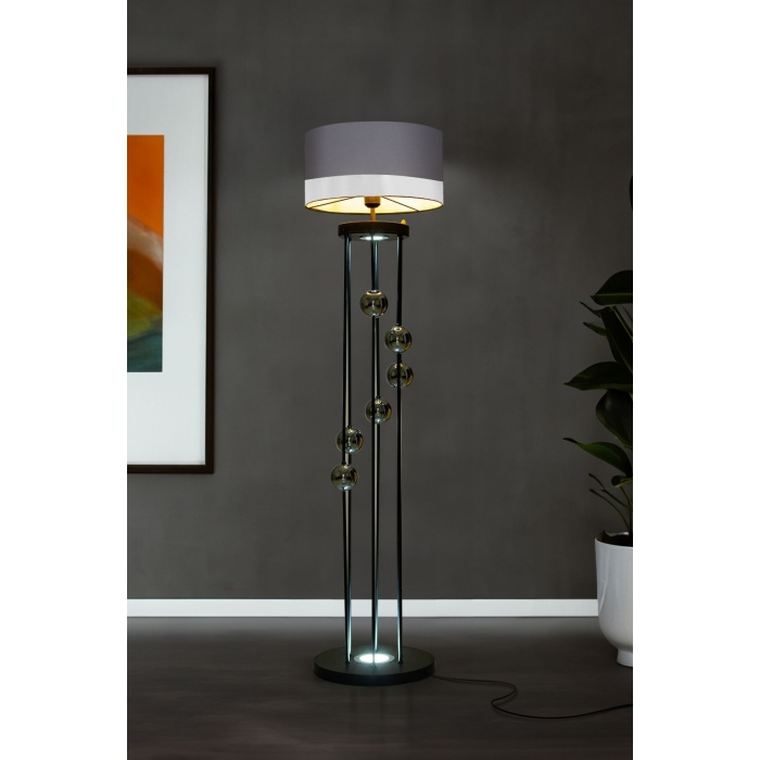 Clichy Statik Siyah Krom Küreli Spot Işıklı Metal Lambader - Gri Antrasit