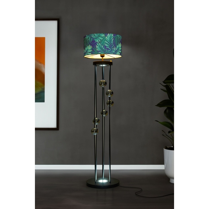 Clichy Statik Siyah Krom Küreli Spot Işıklı Metal Lambader - Yaprak Desenli