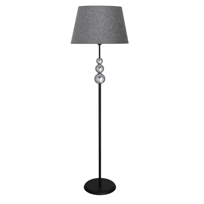 Üçlü Krom Küre Tek Ayaklı Siyah Metal Lambader - Hasır Gri