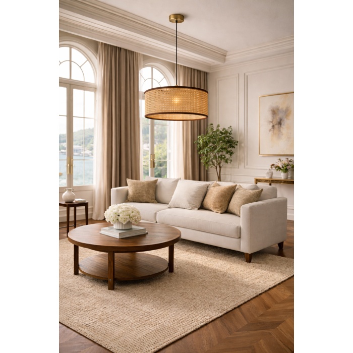 Auren Rattan Tekli Sarkıt Avize – Doğal Hasır Şapkalı, Kablolu, Modern Lüks Aydınlatma