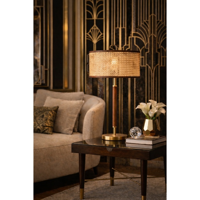 Auren Rattan Masif Ahşap Abajur – Hasır Şapkalı Premium Dekoratif Masa Lambası