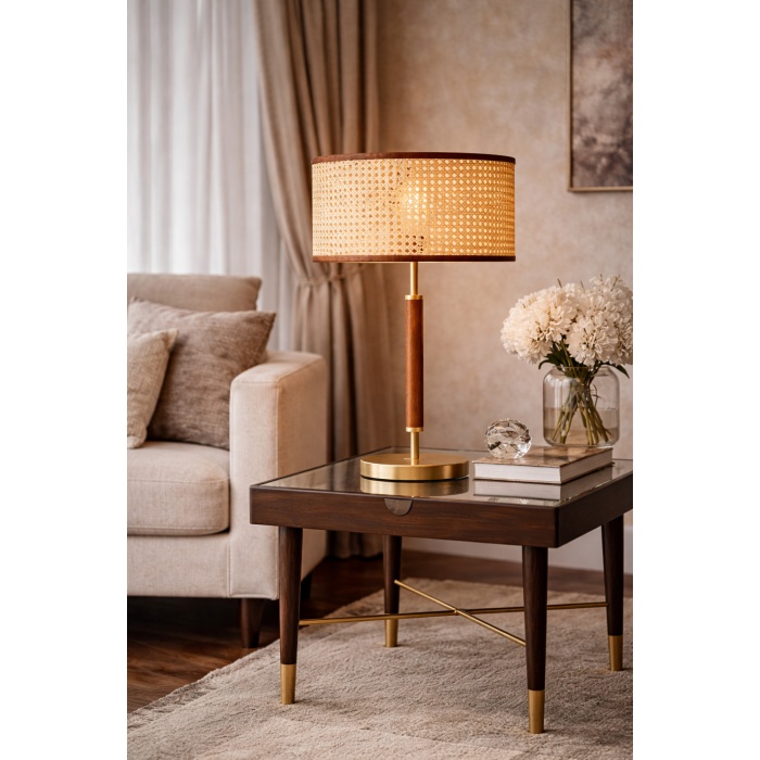 Auren Rattan Masif Ahşap Abajur – Hasır Şapkalı Premium Dekoratif Masa Lambası