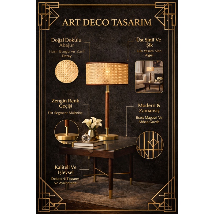 Auren Rattan Masif Ahşap Abajur – Hasır Şapkalı Premium Dekoratif Masa Lambası