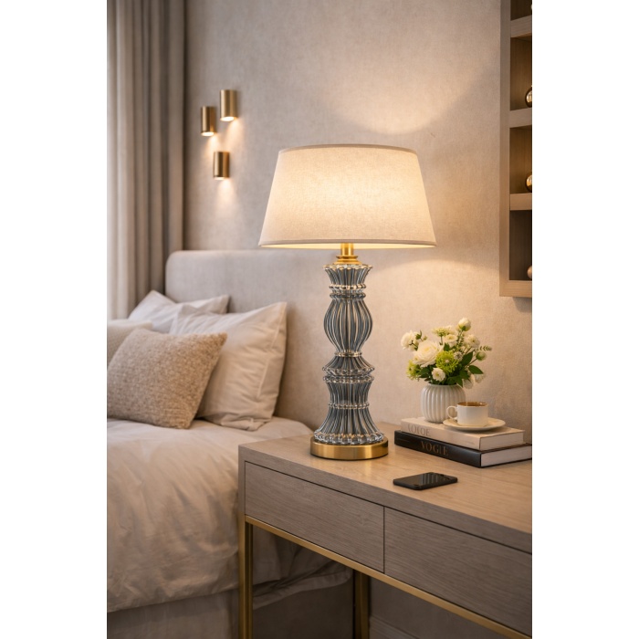 Aurelia Kristal Euro Grey Cam Abajur – Eskitme Gold Detaylı Dekoratif Masa Lambası