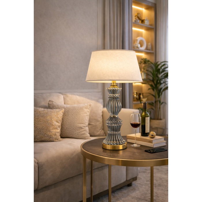 Aurelia Kristal Euro Grey Cam Abajur – Eskitme Gold Detaylı Dekoratif Masa Lambası