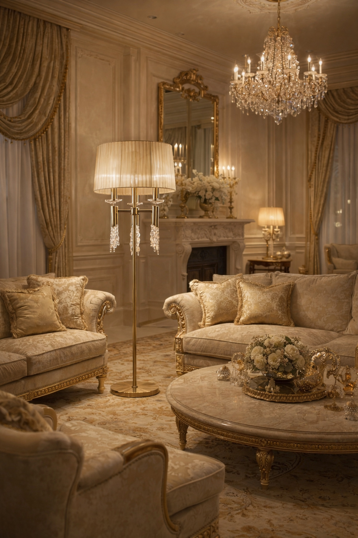 NOIRÉ Mat Gold Kristalli Art Deco Lambader | Premium Salon Aydınlatması