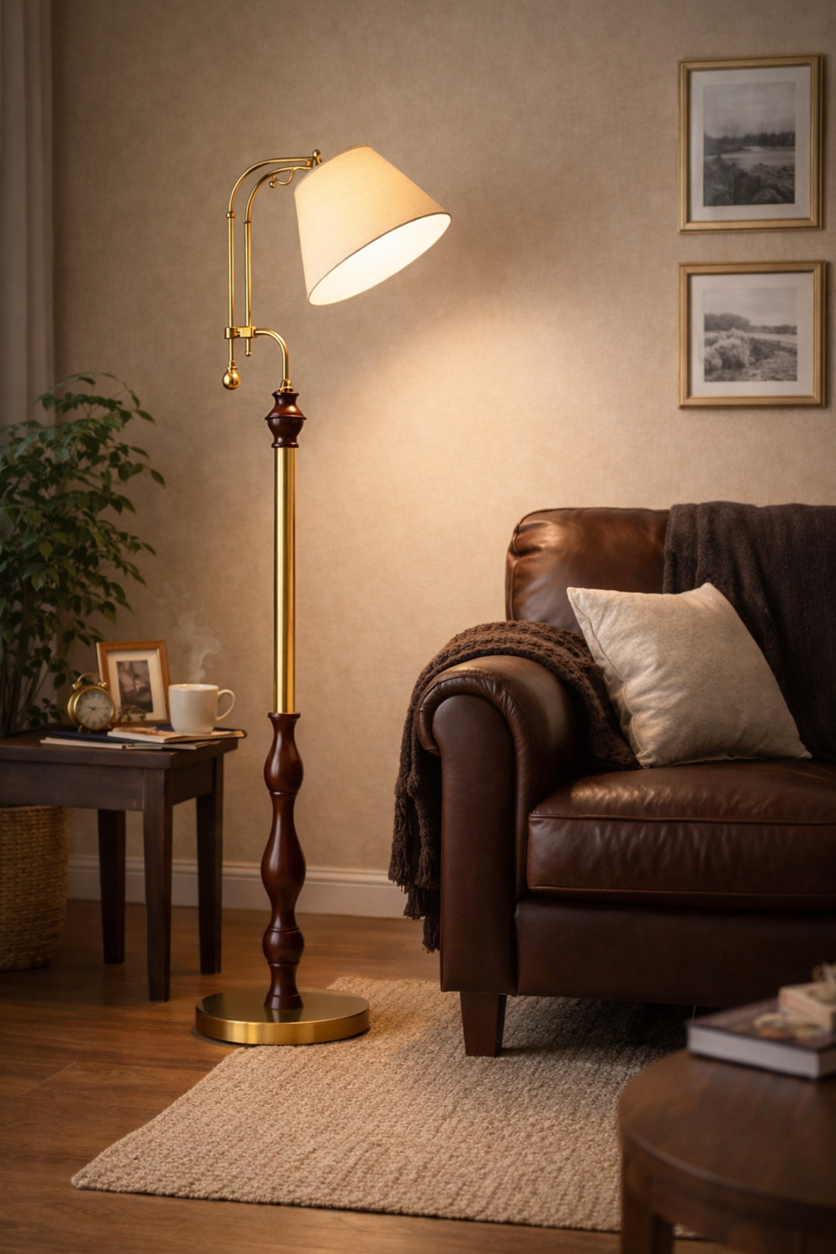 Luminara Brass Ceviz Lambader – El İşçiliği Masif Ahşap Gövdeli Premium Salon Lambası