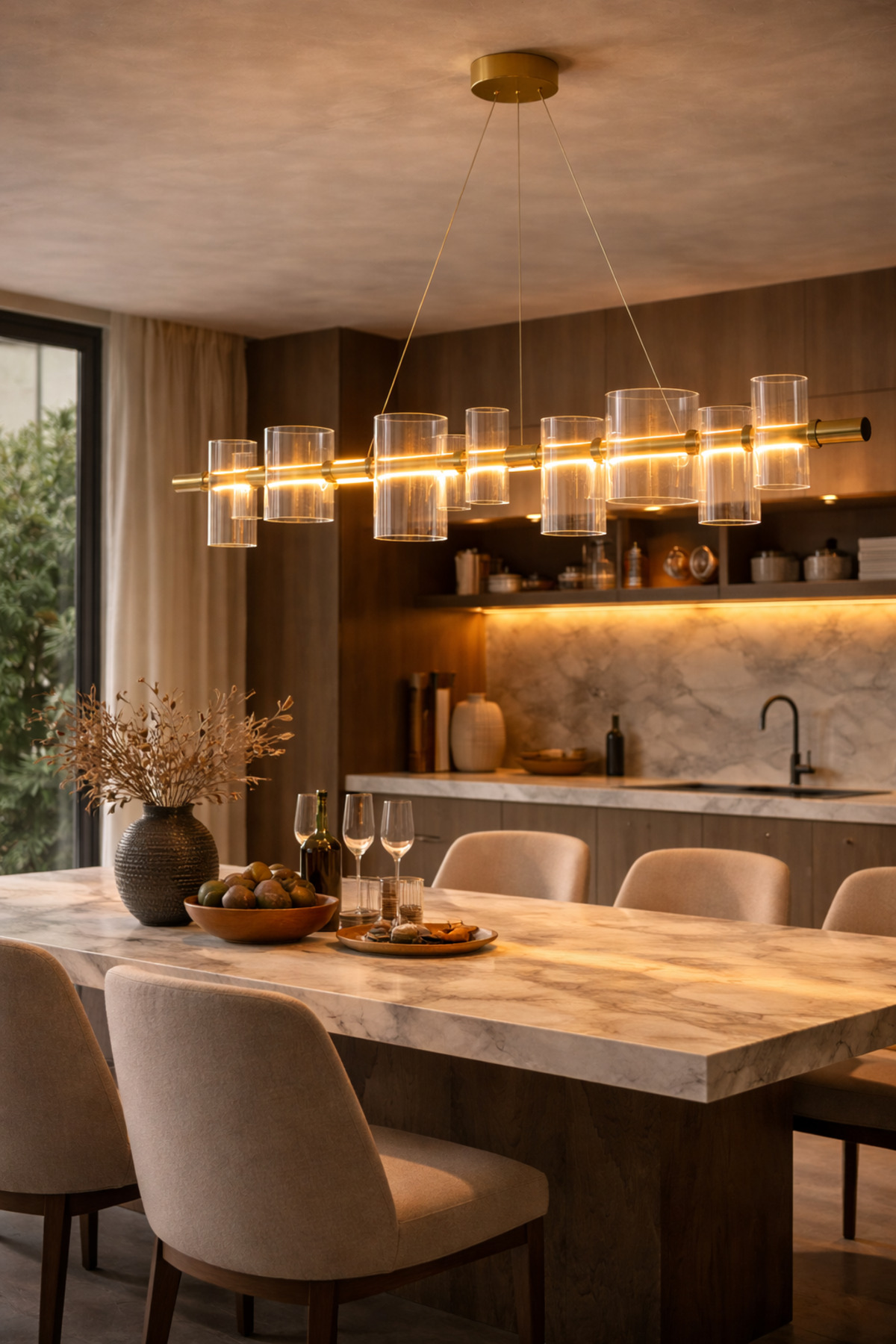 Modern Cam Silindir Lineer Avize 120 cm Bronz Metal Gövde Yemek Masası Salon LED Avize