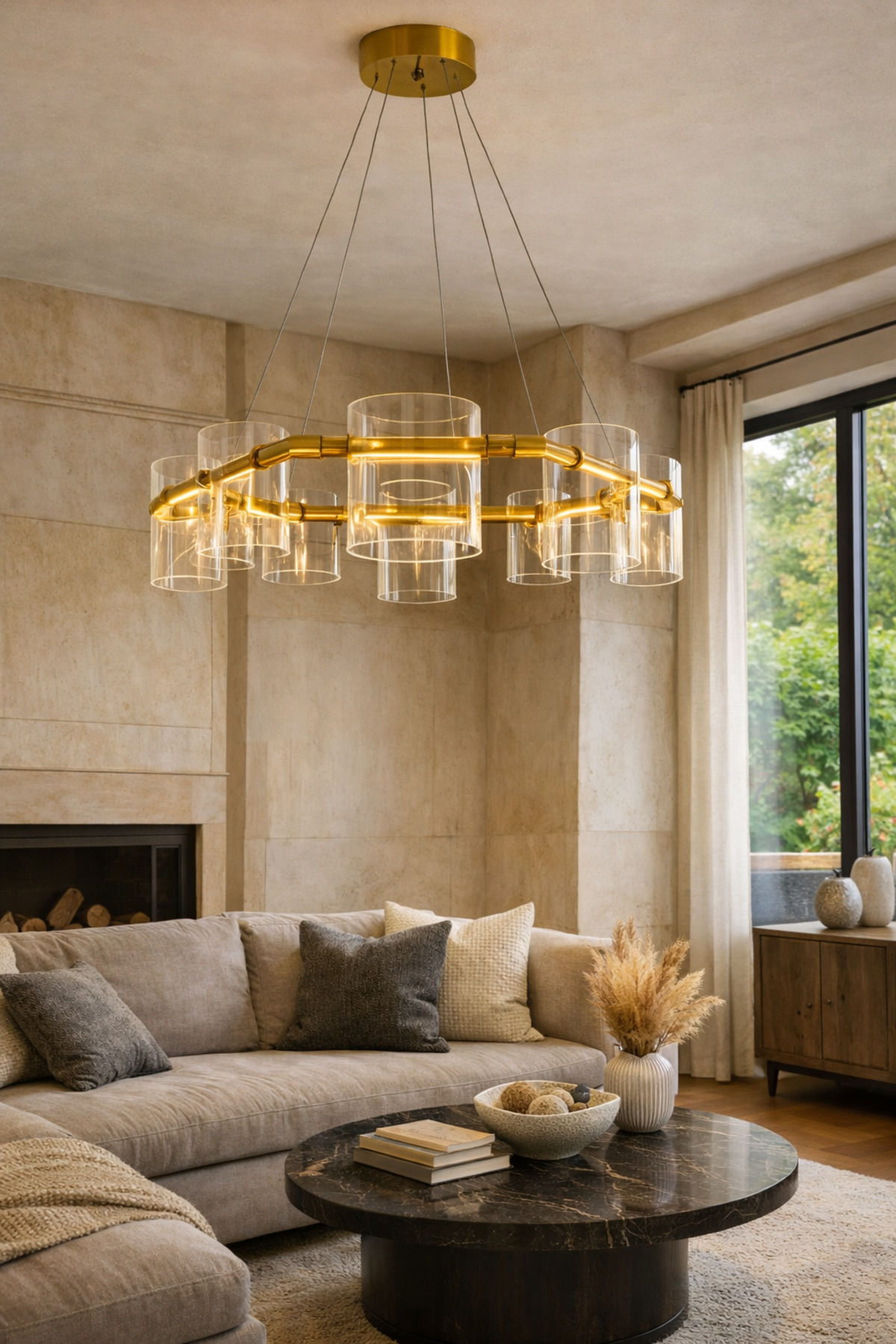 Modern Halka Cam Silindir Avize 70 cm Bronz Metal Gövde 8 Başlıklı Salon & Villa LED Avize