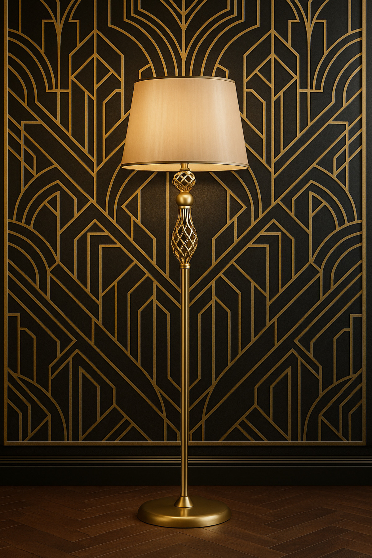 Şelale Eskitme Mat Gold Vizon Şapkalı Metal Lambader – Dekoratif Ev Salon Aydınlatması