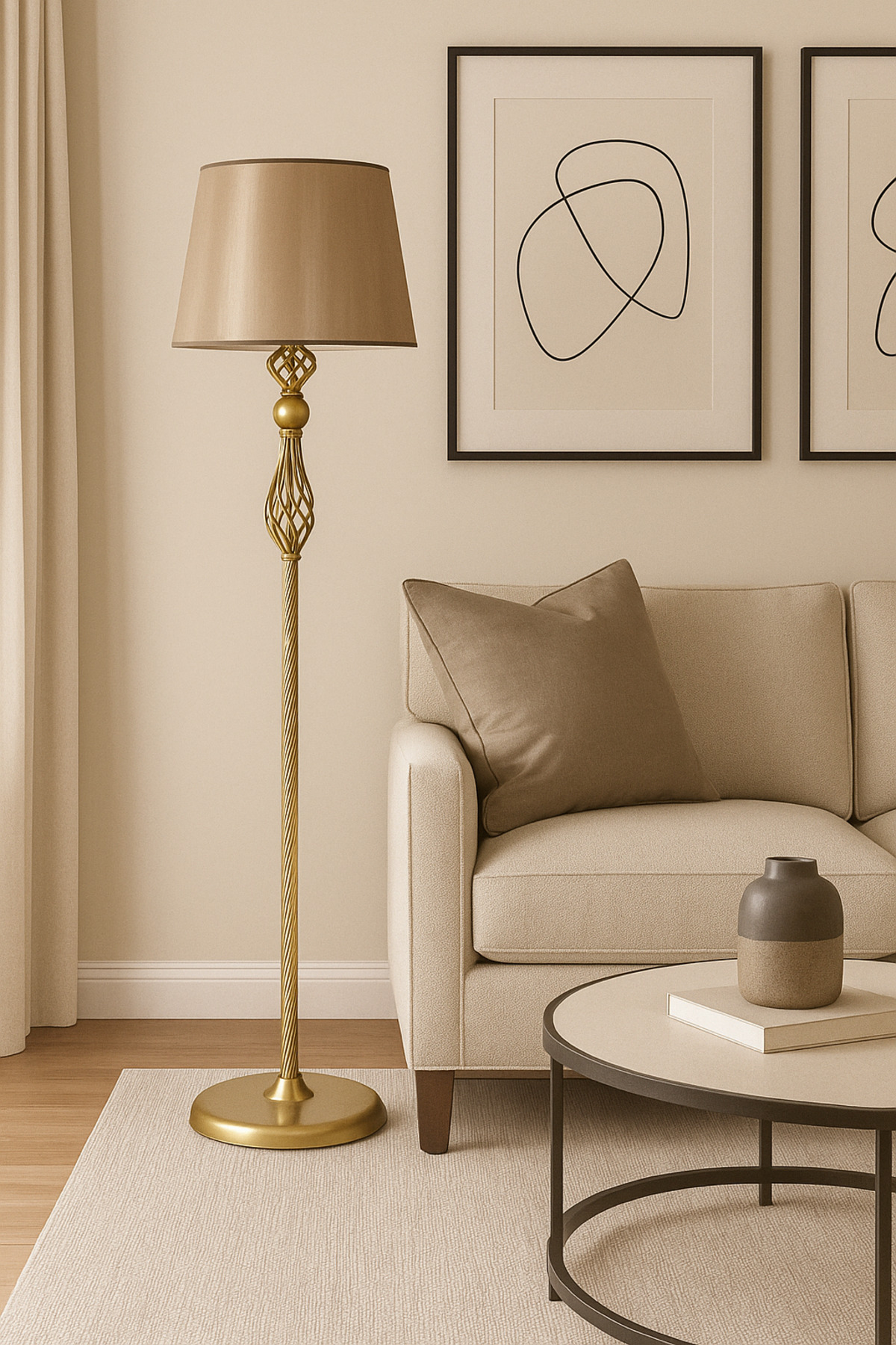 Şelale Burgulu Mat Gold Vizon Şapkalı Metal Lambader – Dekoratif Ev Salon Aydınlatması