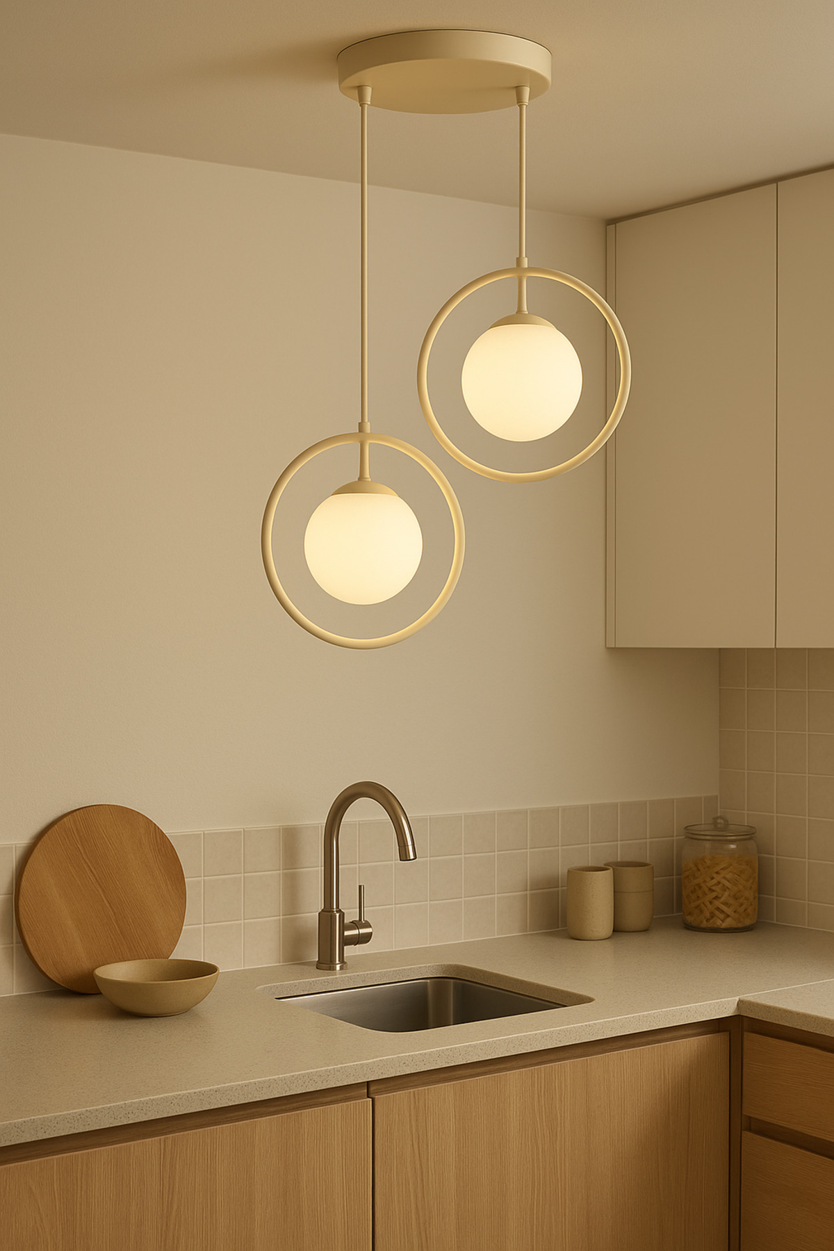 Halo Duo – Krem Metal 2’li Cam Sarkıt Avize