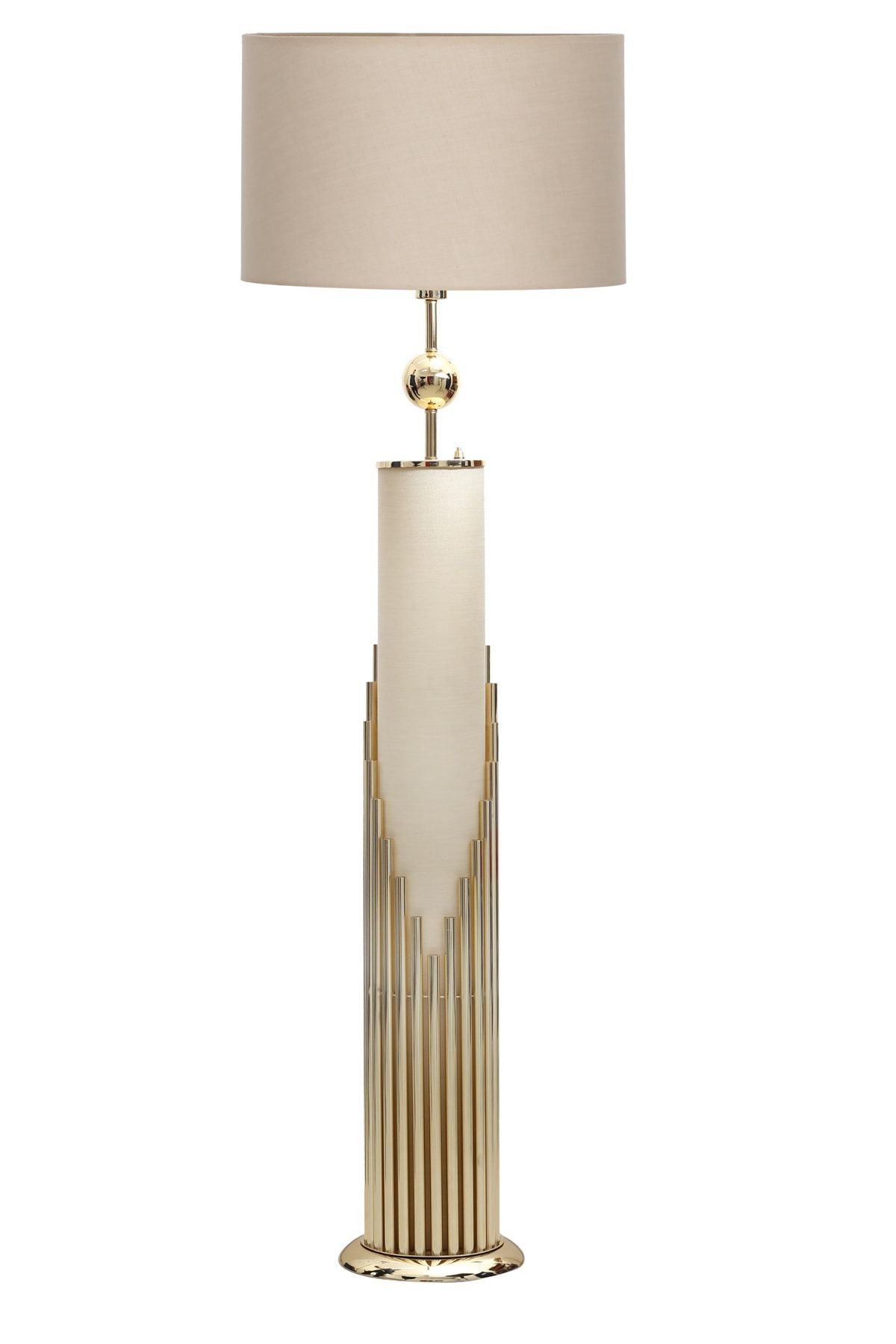 Doha Gold Kaplama Gövde Işıklı Özel Tasarım Metal Lambader - Gold Şeritli Krem