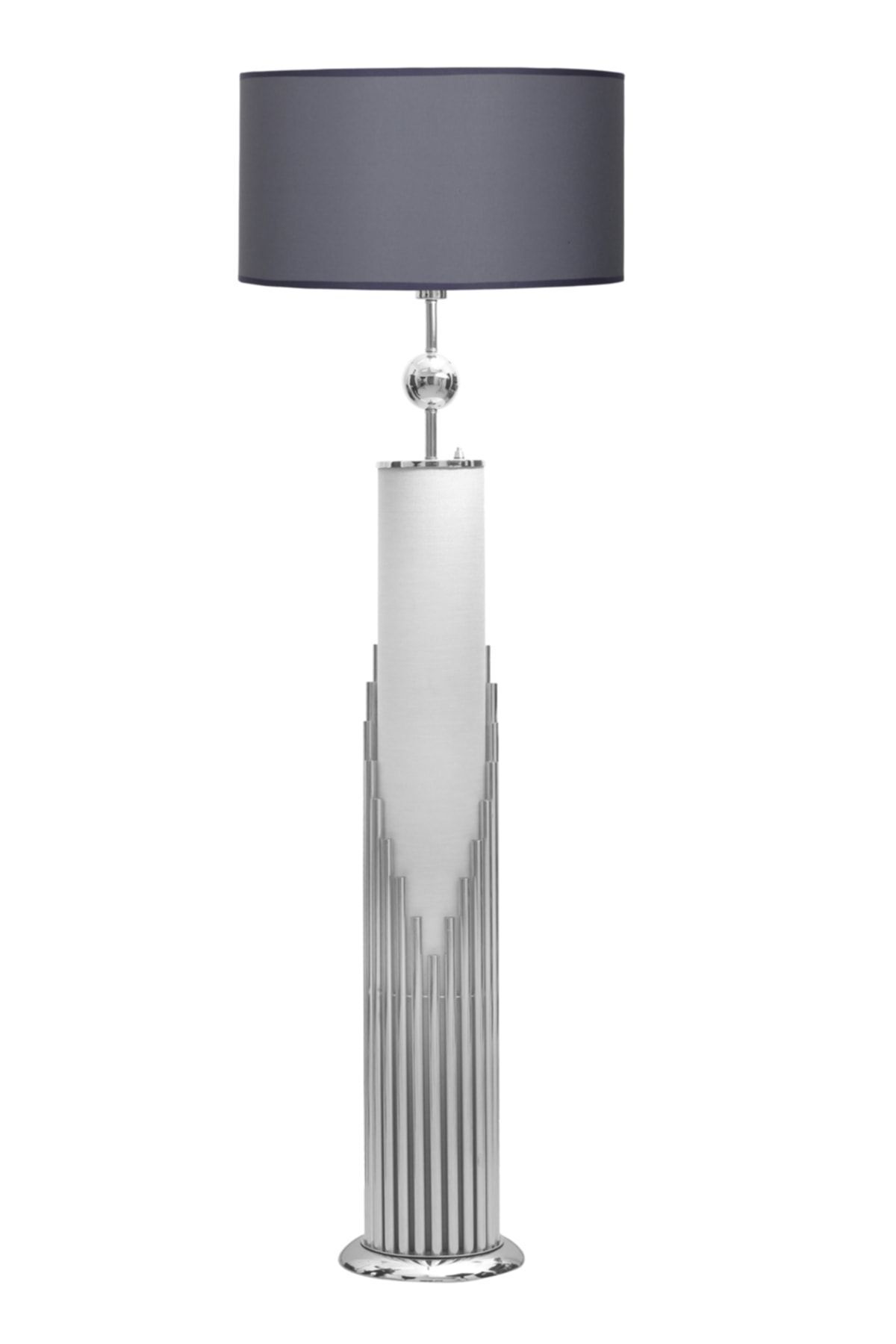 Doha Krom Kaplama Gövde Işıklı Özel Tasarım Metal Lambader - Krom Şeritli Hasır Kahve