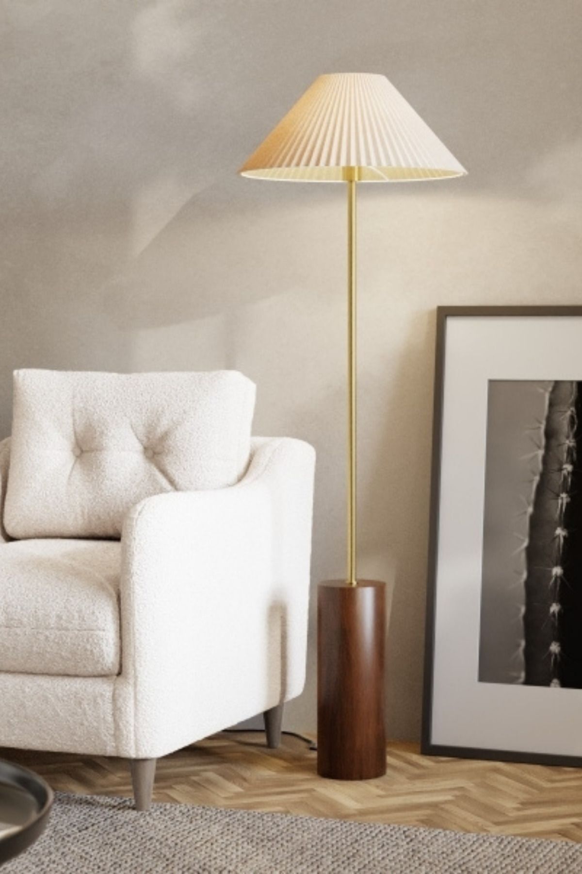 Lyons Ahşap Ayaklı Eskitme Kaplama Metal Lambader - Krem Kırma