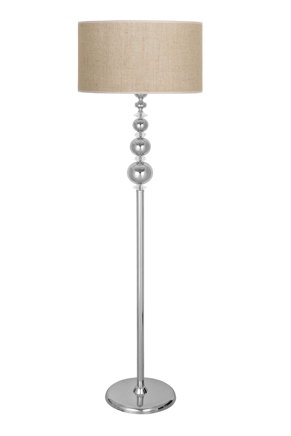 Kristal Taşlı Üçlü Küre Krom Kaplama Metal Lambader - Hasır Bej