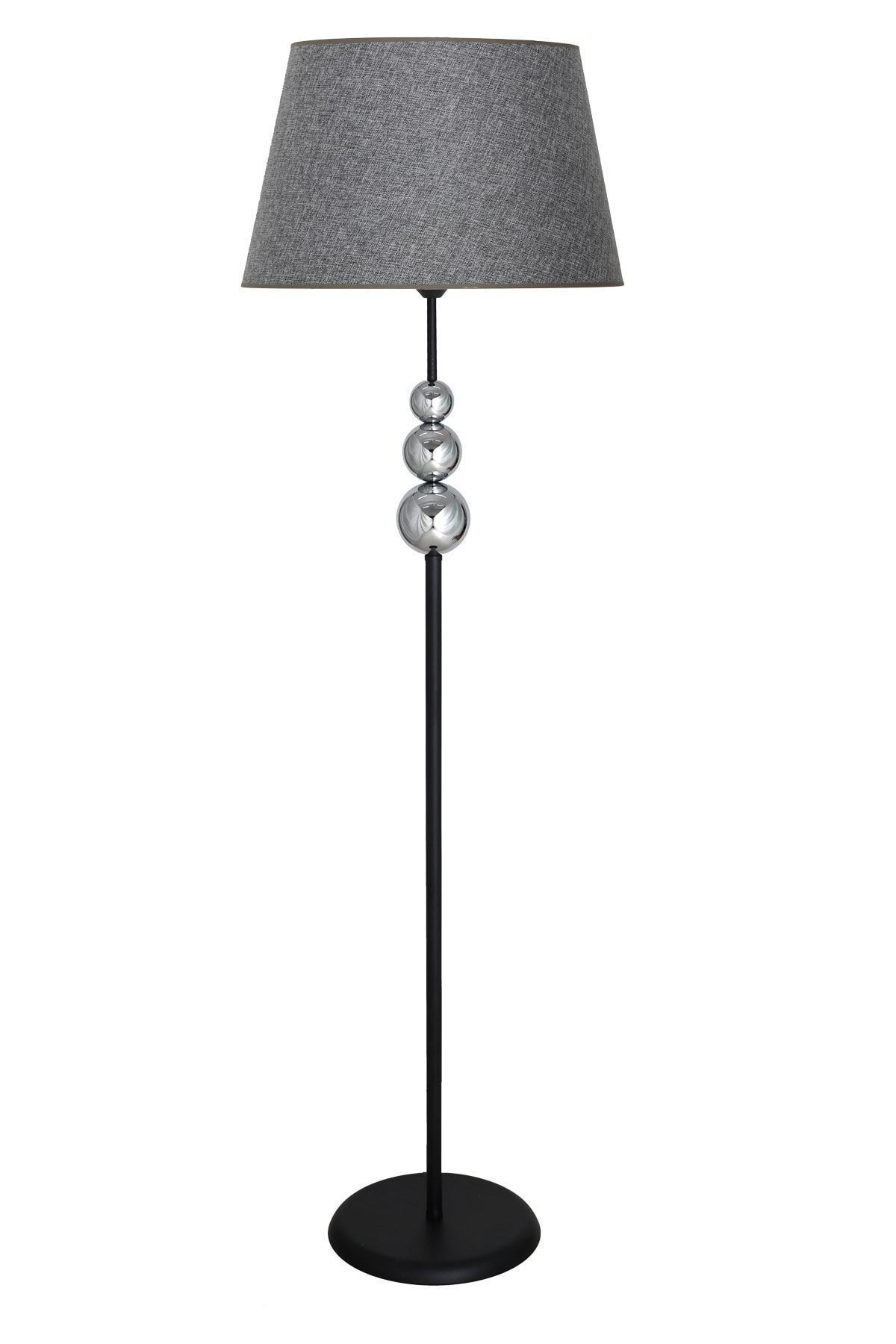 Üçlü Krom Küre Tek Ayaklı Siyah Metal Lambader - Hasır Gri