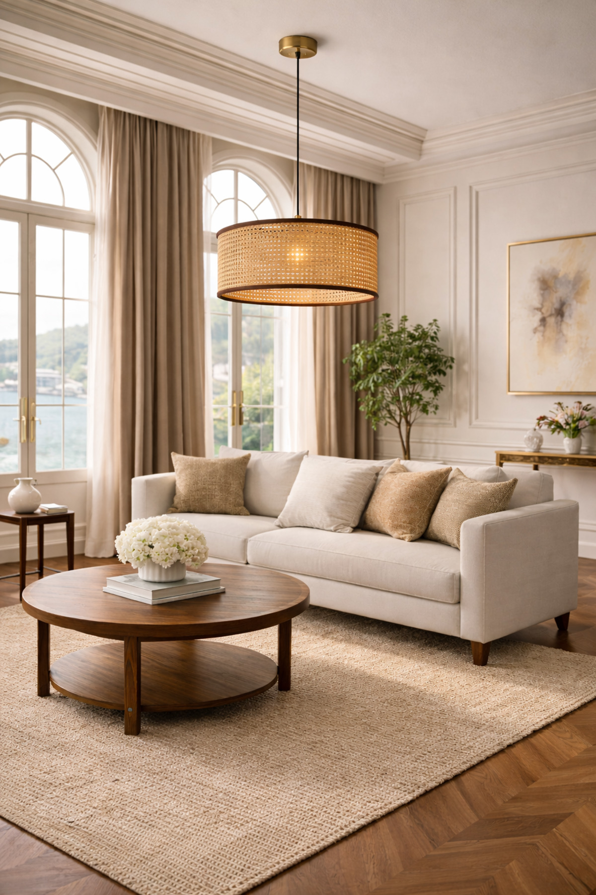 Auren Rattan Tekli Sarkıt Avize – Doğal Hasır Şapkalı, Kablolu, Modern Lüks Aydınlatma