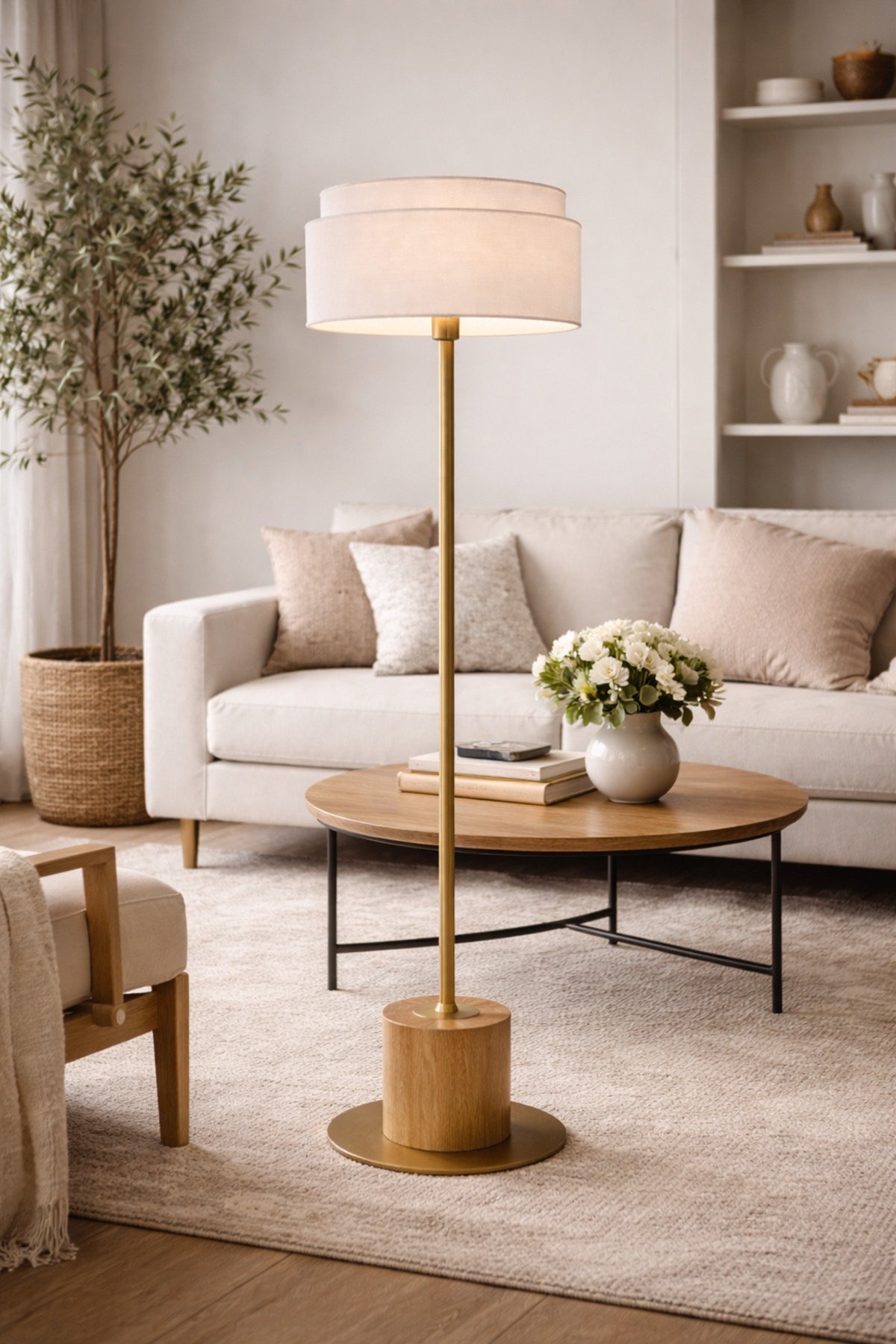 Atelier Naturel Ahşap Kaideli Bronze Gövdeli Modern Lambader Çift Katmanlı Krem Şapka