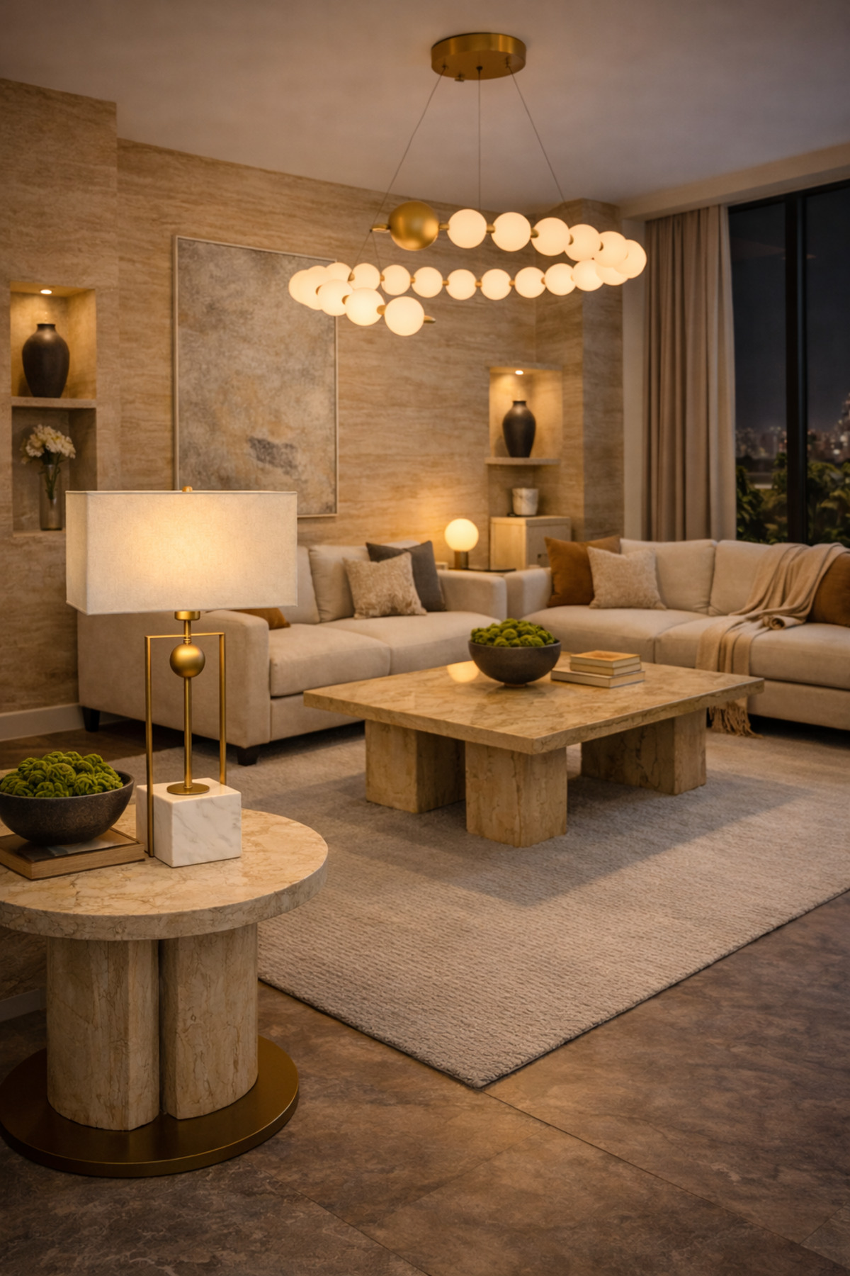 Prato Mermer Tabanlı Gold Metal Gövdeli Krem Dikdörtgen Şapkalı Premium Abajur