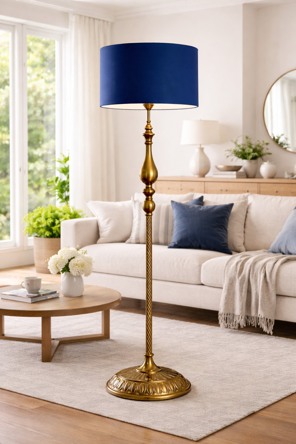 Atelier Bronze Gövdeli Lacivert Kumaş Şapkalı Dekoratif Lambader – Modern Salon Köşe Lambası