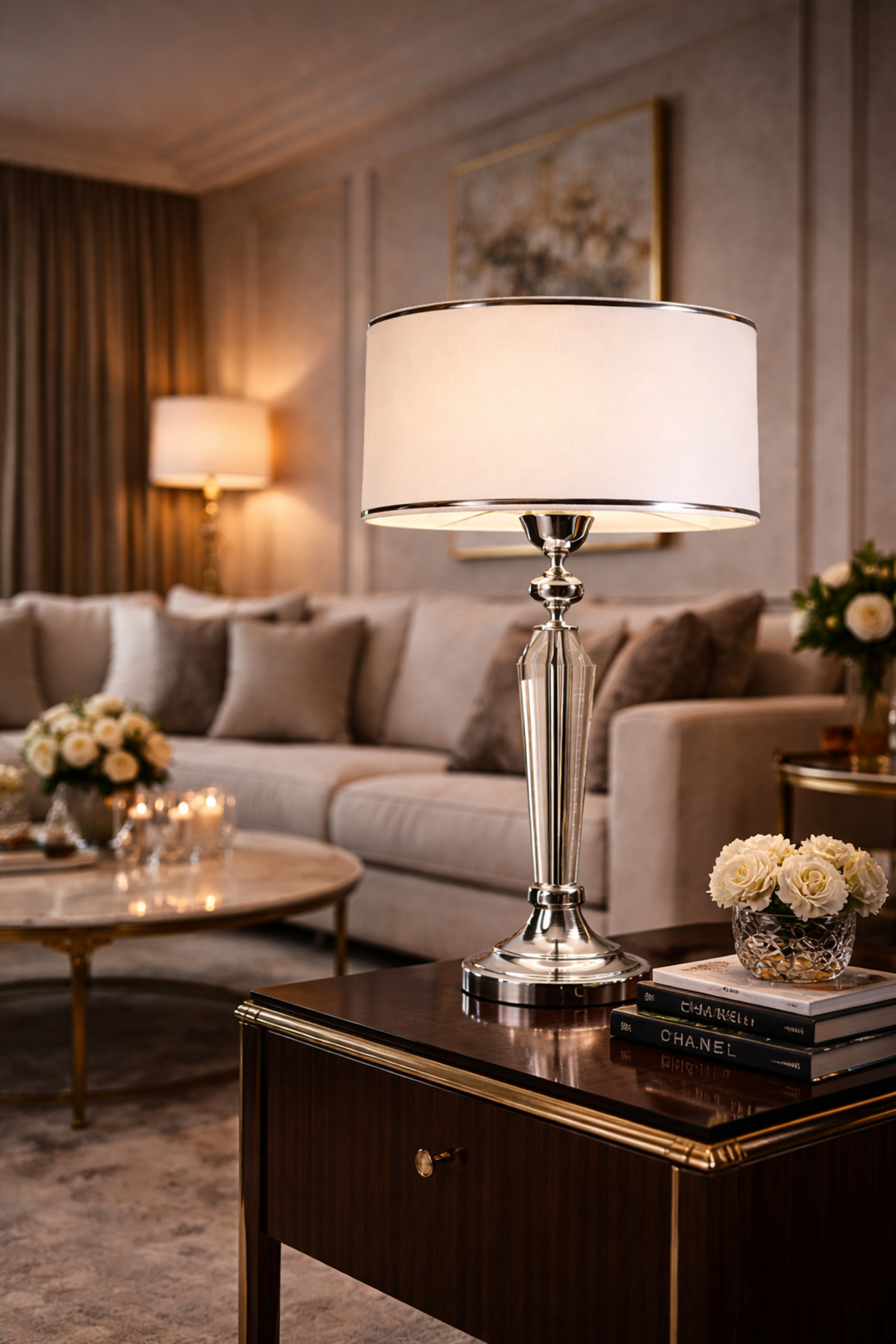 Atelier Crystal Krom Abajur – Kristal Form Gövdeli 30 cm Kumaş Şapkalı Modern Masa Lambası