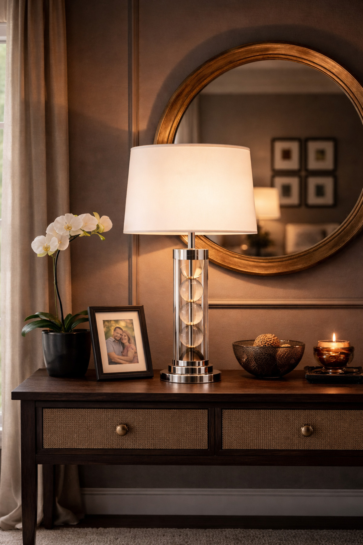 Atelier Prisma Cam Gövdeli Modern Abajur – Krom Detaylı, Krem Şapkalı Dekoratif Masa Lambası