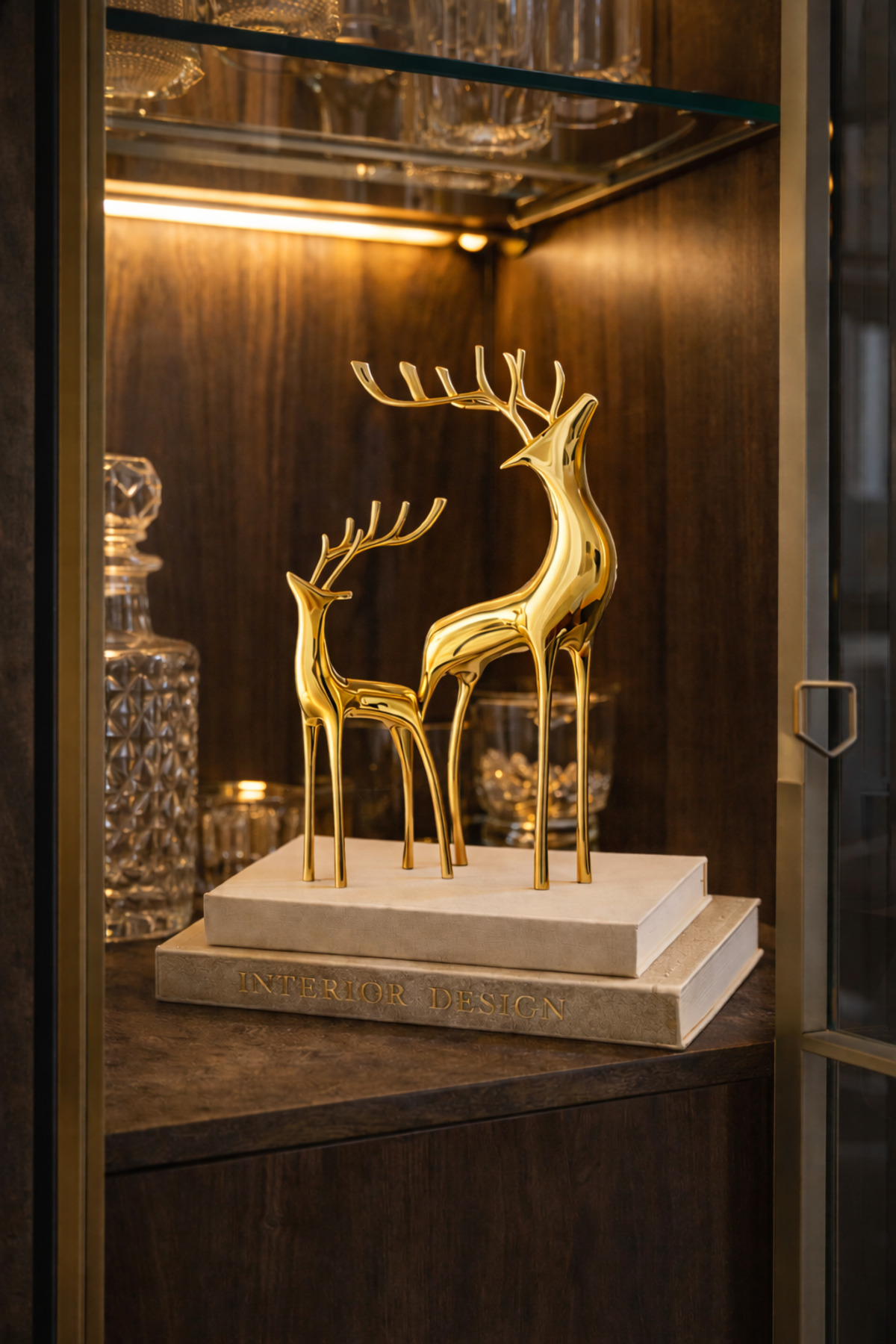 Atelier Aurora Pirinç Geyik Biblo Seti – Gold Lüks Salon ve Ofis Dekorasyonu İkili Aksesuar