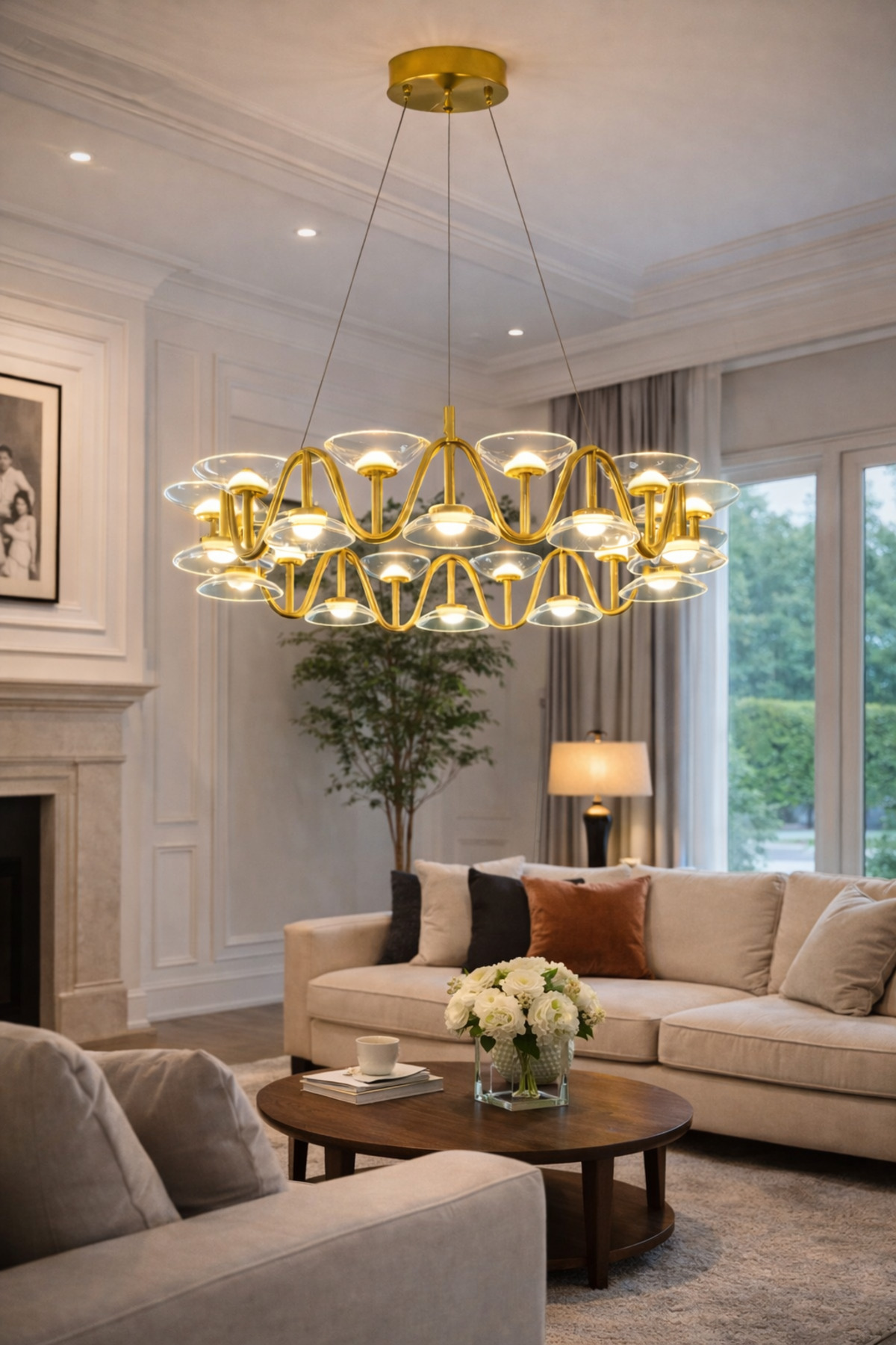 Atelier Planet Modern LED Avize – Gold Metal Gövde Cam Başlıklı Lüks Salon Avizesi