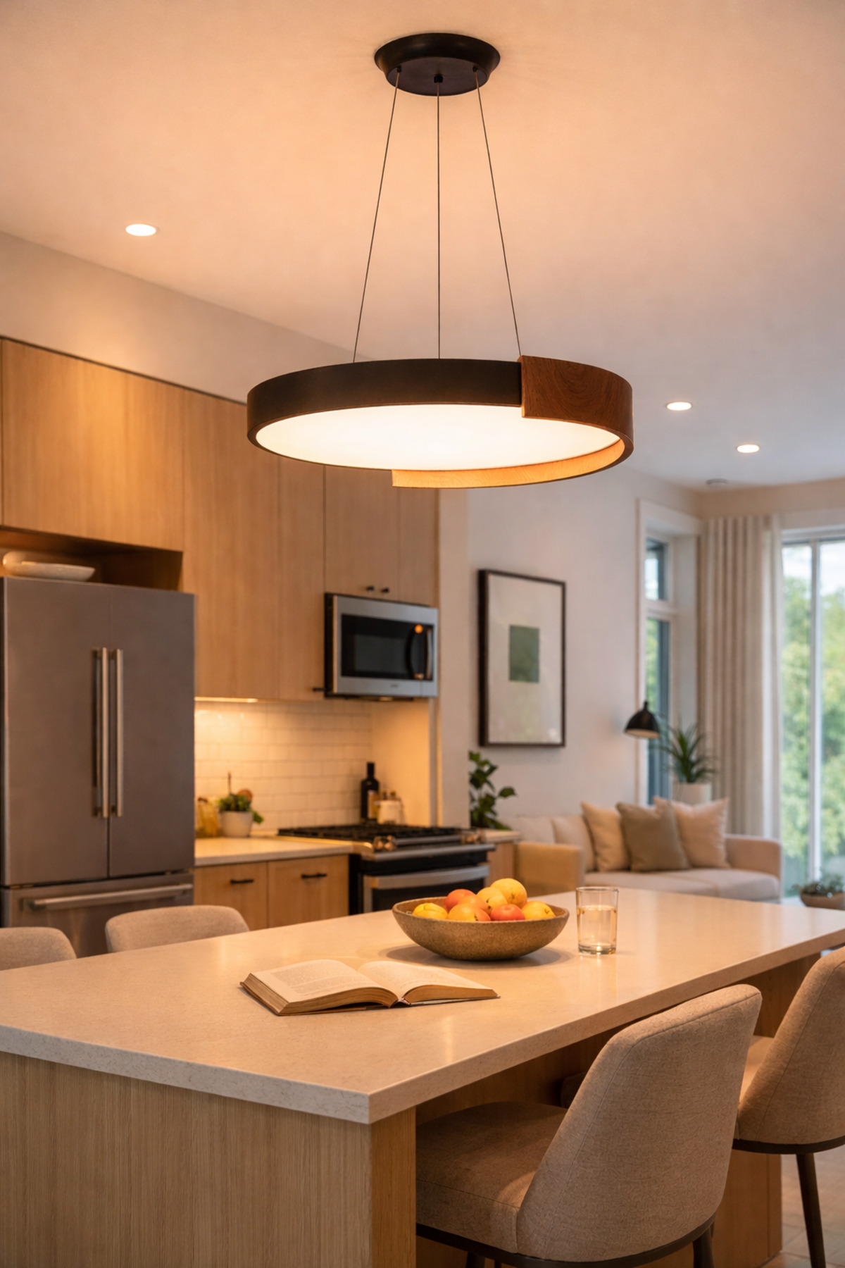 Atelier 5124P Modern Halka Avize – Siyah Metal ve Doğal Ceviz Detaylı LED Salon Avizesi