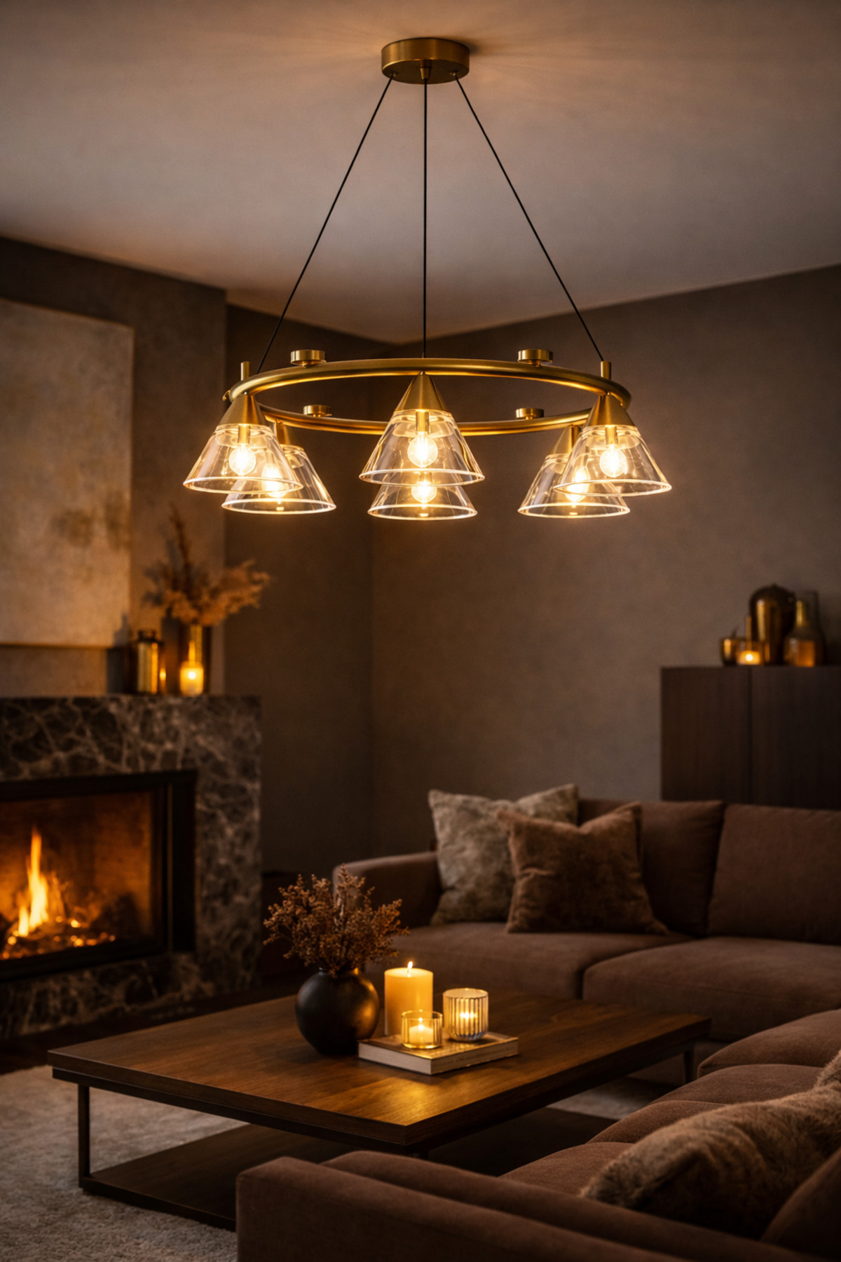 Atelier Jüpiter Modern Halka Avize – Bronze Metal Gövde, Cam Başlıklı 5’li Salon Avizesi