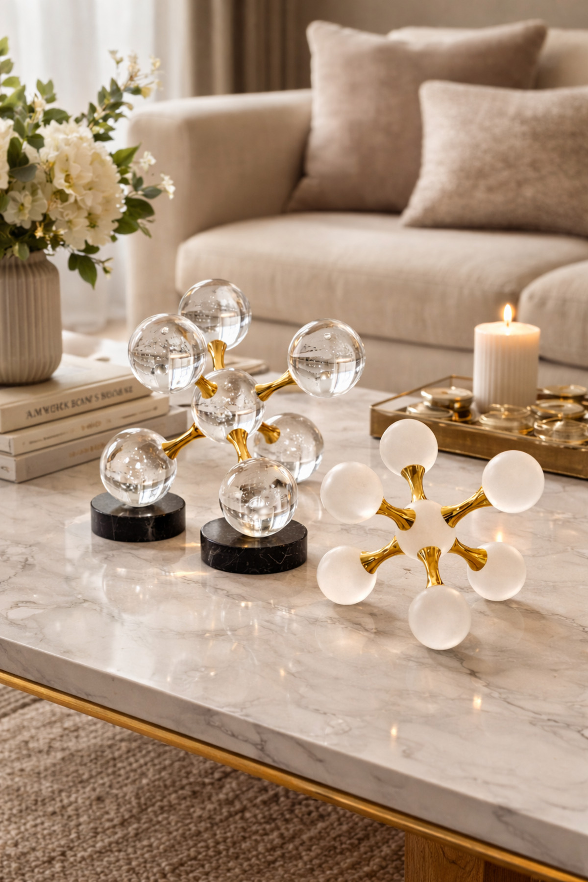 Heliora Gold Cam Dekoratif Obje Seti 2’li – Metal Modern Salon Ofis Masa Dekor Aksesuarı