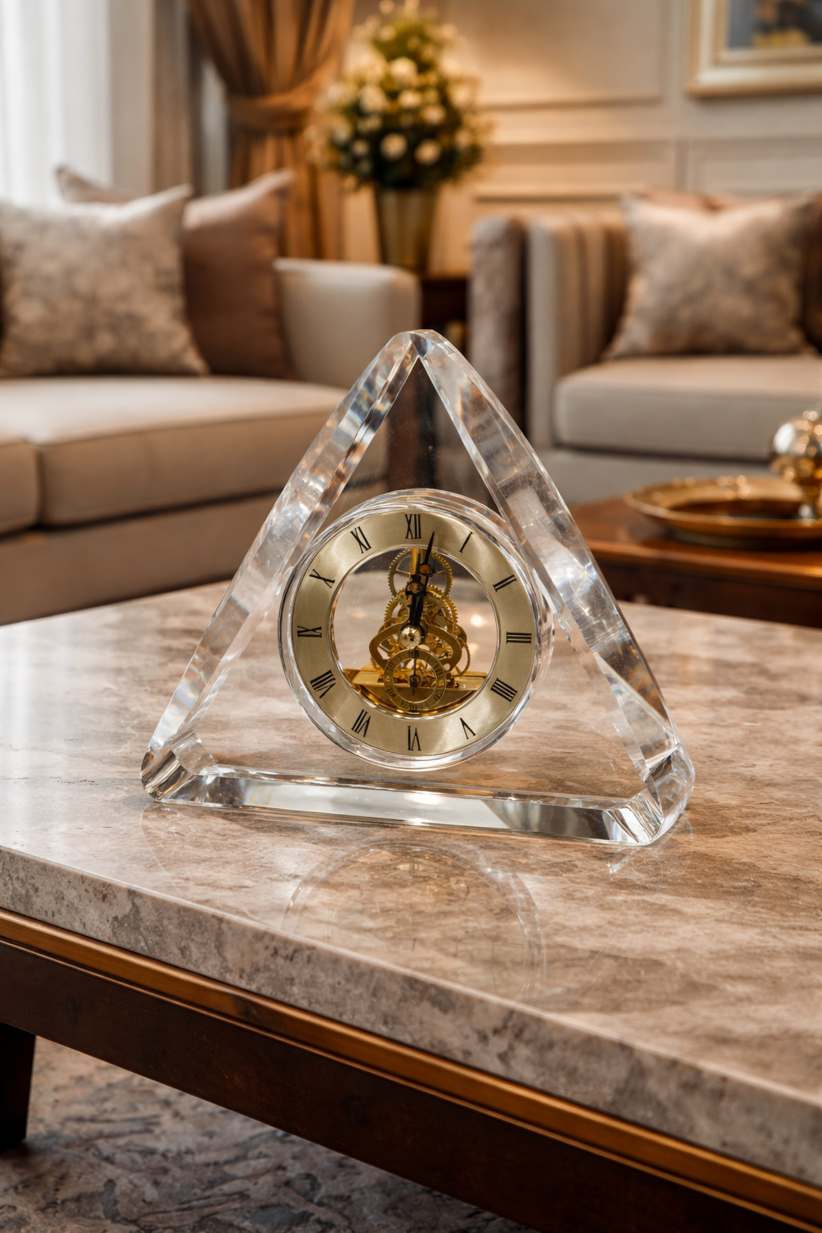 Prism Crystal Kristal Masa Saati Gold Mekanik İskelet Dekoratif Ofis Salon Saat VN-PRM01