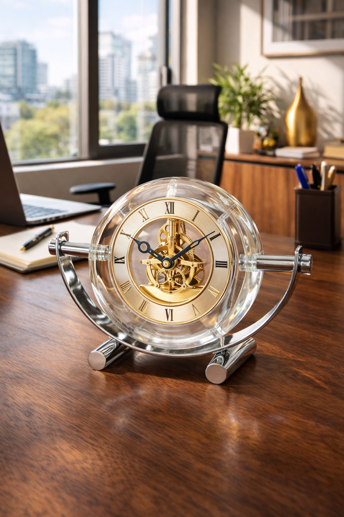 Arc Prime Kristal Masa Saati Gold Mekanik İskelet Dekoratif Ofis Salon Saat VN-ARC01