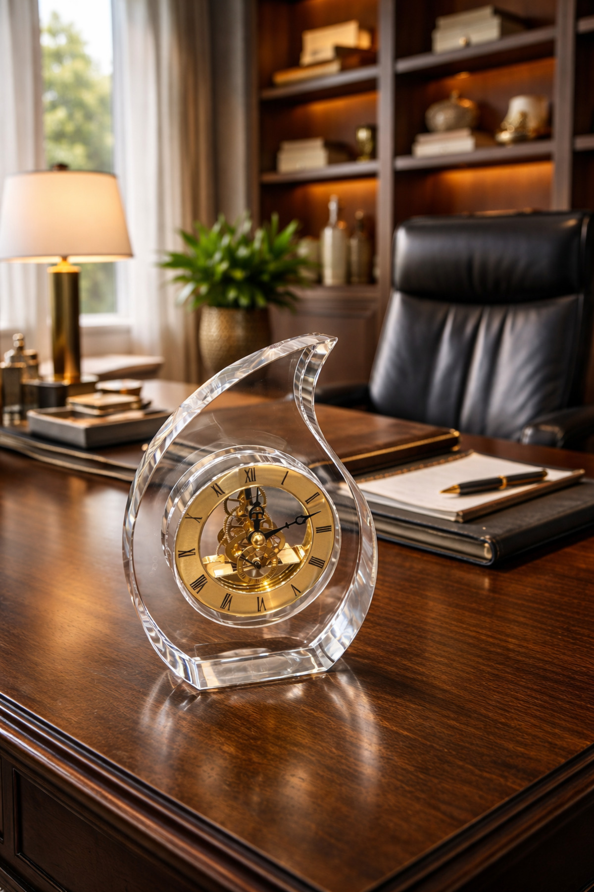 Premium Kristal Masa Saati Gold Mekanik İskelet Dekoratif Ofis Salon Masaüstü Saat