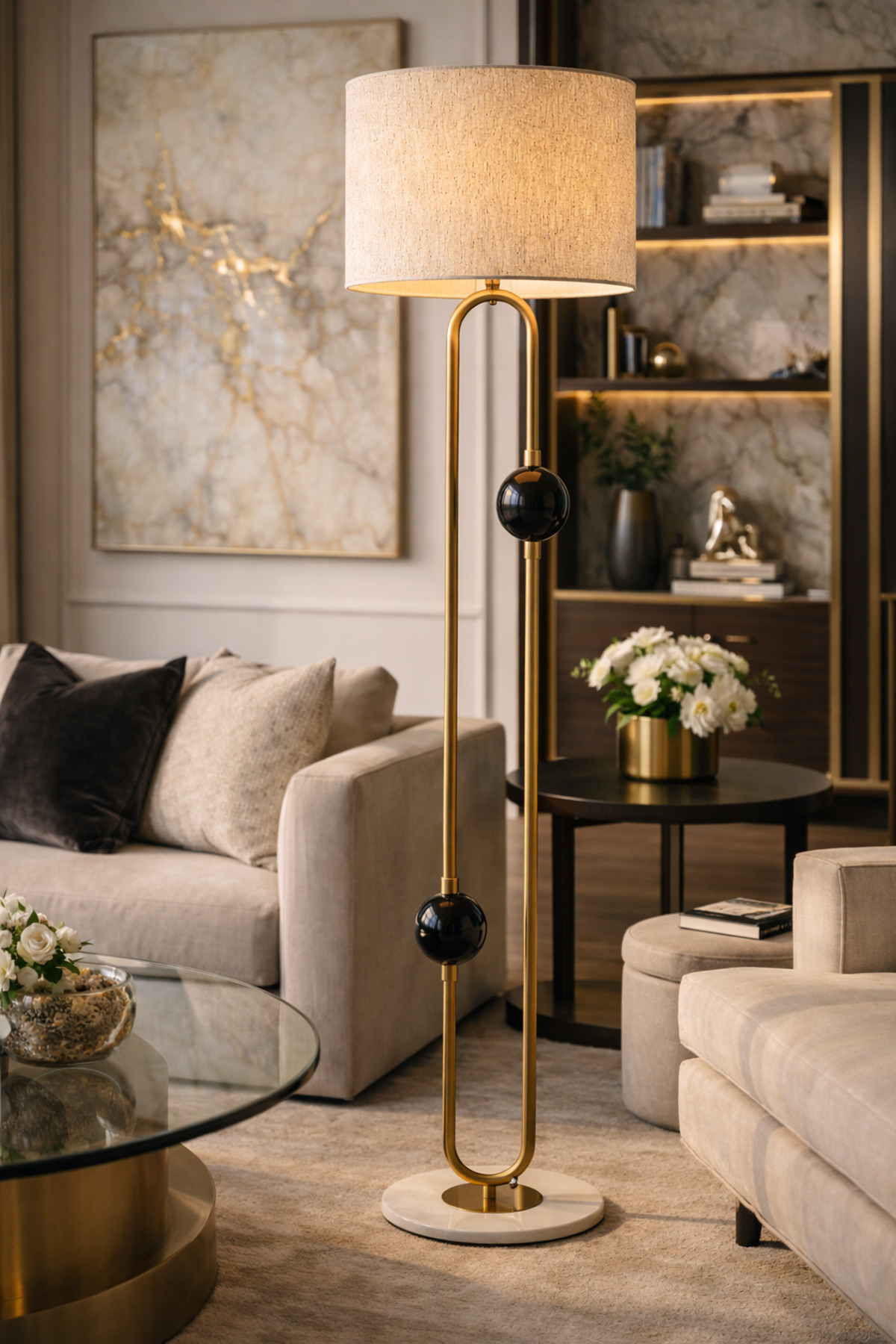 Liora Gold Mermer Taban Modern Lambader 160 cm Siyah Küre Detaylı Salon Lambader