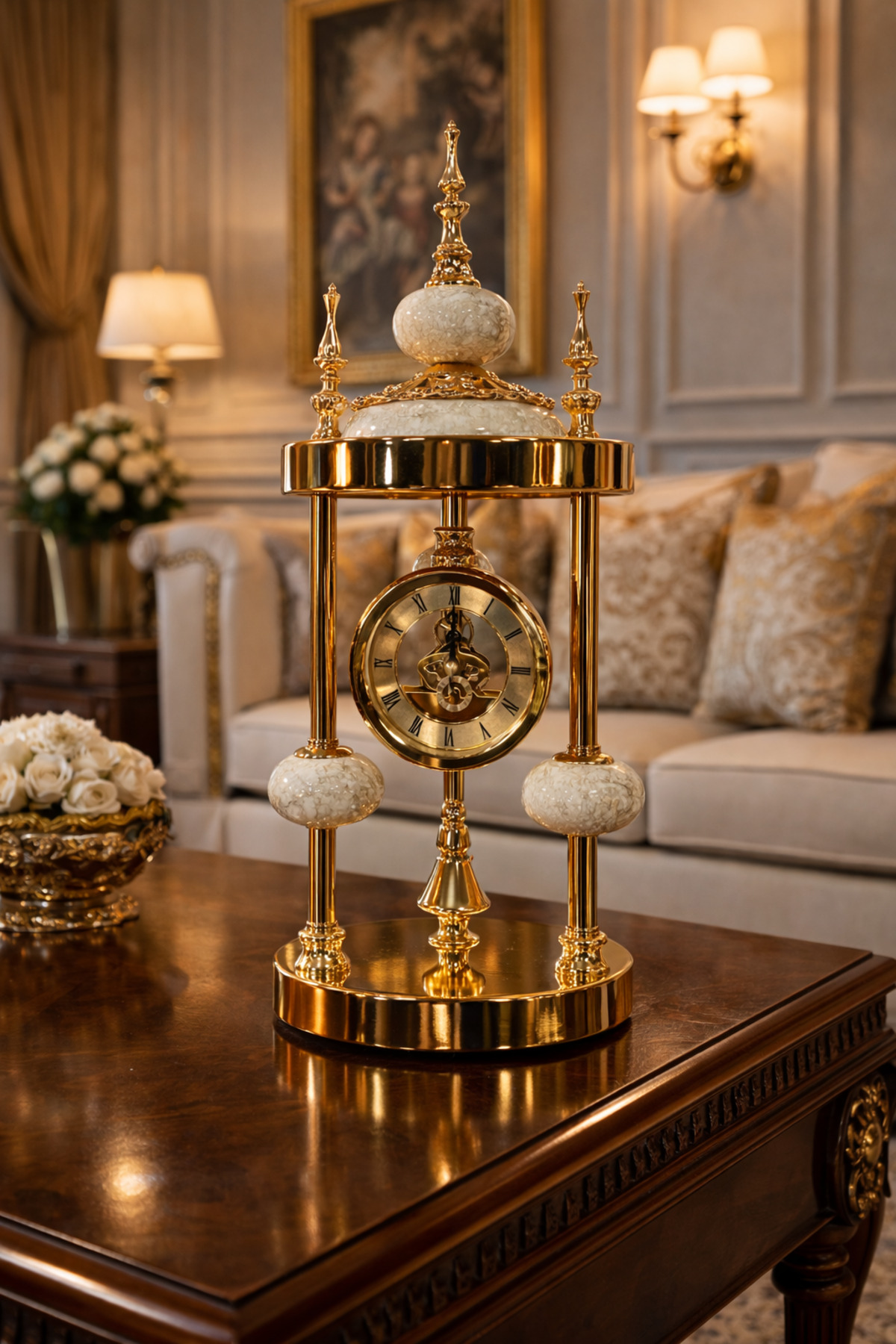 Royal Column Dekoratif Metal Masa Saati Gold Klasik Mekanik İskelet Ofis Salon Saat