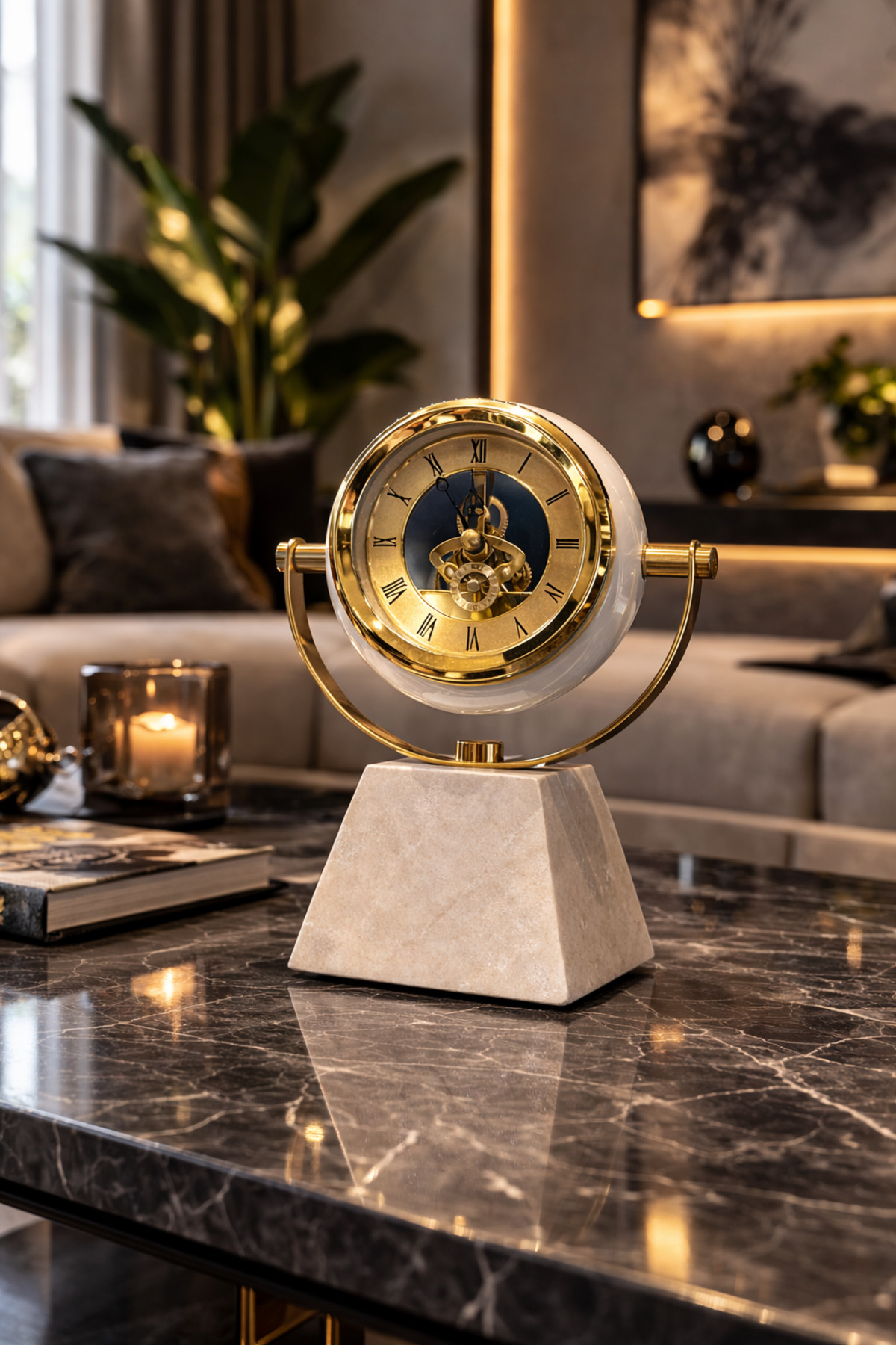 Axis Marble Dekoratif Mermer Kaideli Gold Mekanik Masa Saati Modern Ofis Salon Saat