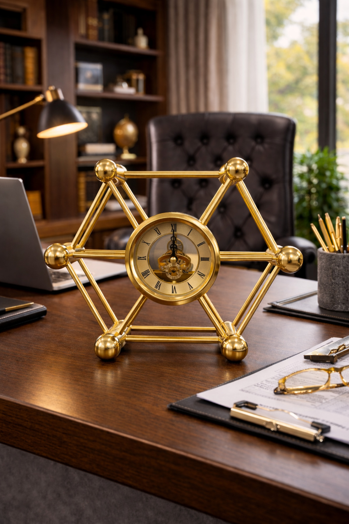 Orbit Atom Dekoratif Metal Masa Saati Gold Mekanik İskelet Modern Ofis Salon Saat VN-ORB-AT01