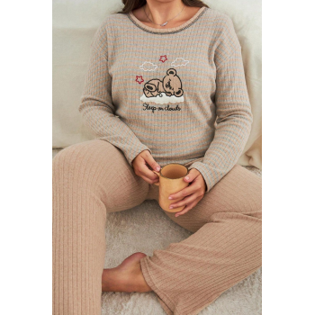Büyük Beden İ̇nterlok Pijama Takımı Bej-Gri