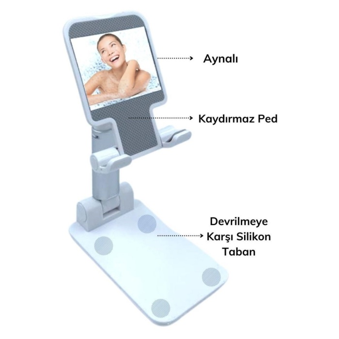 Pembe Aynalı Cep Telefonu Sabitleyici Stand Katlanabilir Ayarlanabilir Telefon Standı (4434)