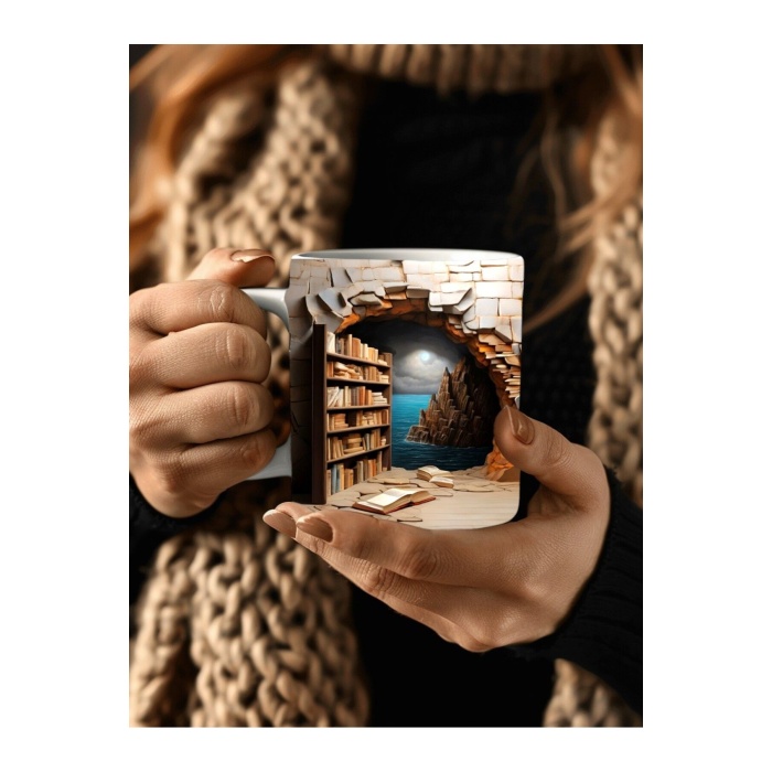 Kitaplık Kütüphane Baskılı 3D Tasarım Seramik Kupa Mug - Hediyelik Kupa Bardak