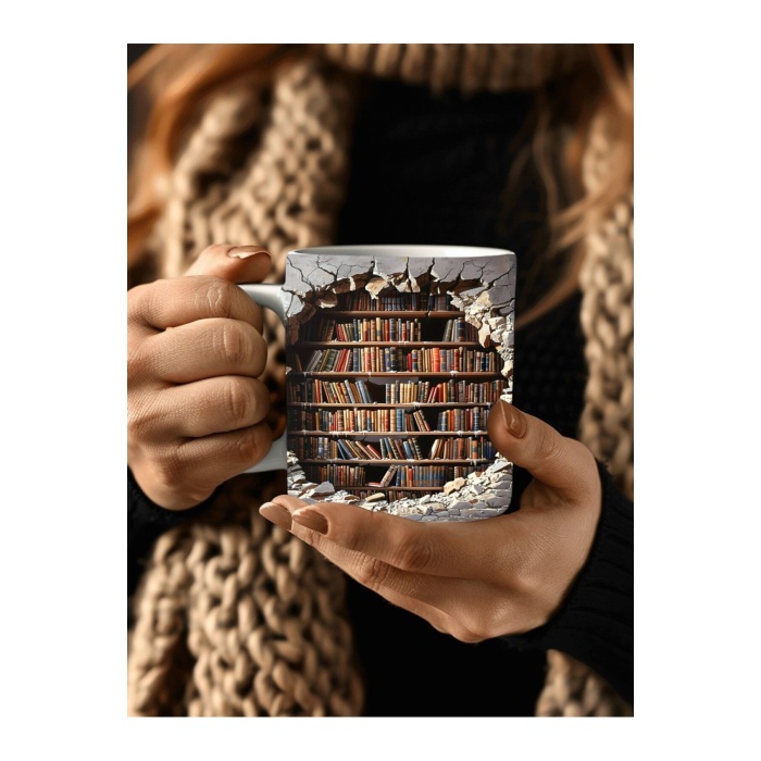 Kitaplık Kütüphane Baskılı 3D Tasarım Seramik Kupa Mug - Hediyelik Kupa Bardak