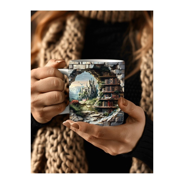 Kitaplık Kütüphane Baskılı 3D Tasarım Seramik Kupa Mug - Hediyelik Kupa Bardak