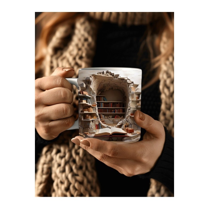 Kitaplık Kütüphane Baskılı 3D Tasarım Seramik Kupa Mug - Hediyelik Kupa Bardak