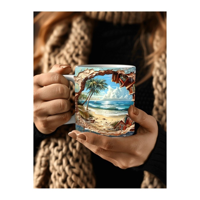 Kitaplık Kütüphane Baskılı 3D Tasarım Seramik Kupa Mug - Hediyelik Kupa Bardak