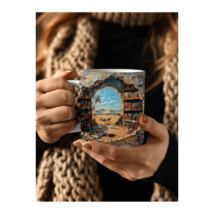 Kitaplık Kütüphane Baskılı 3D Tasarım Seramik Kupa Mug - Hediyelik Kupa Bardak